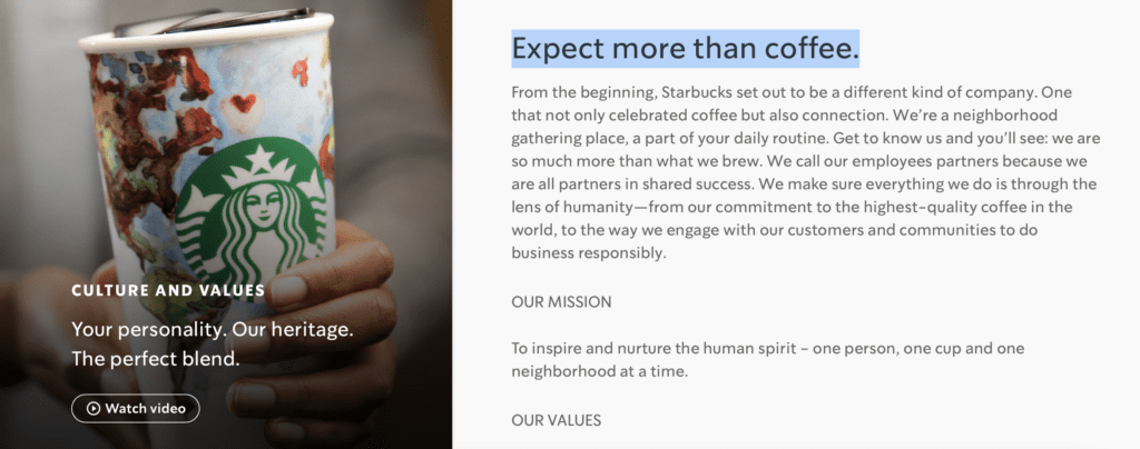 USP von Starbucks auf der Website von Starbucks